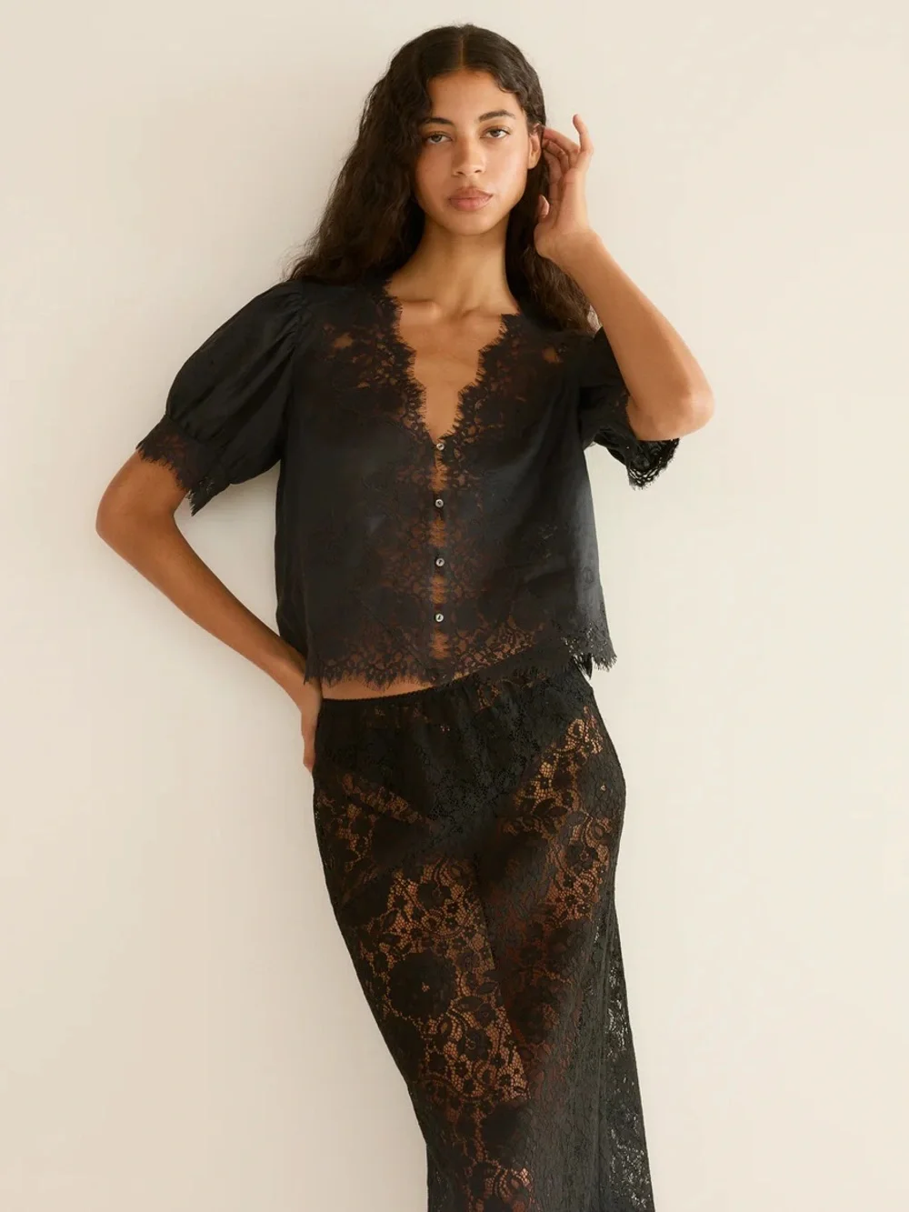 Doen Black Lace-Trim Puff Sleeve Blouse